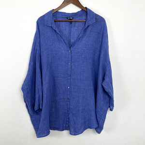Nic+Zoe Linen Shirt Plus Size 2X Blue Button Front Oversized Beachy Coastal